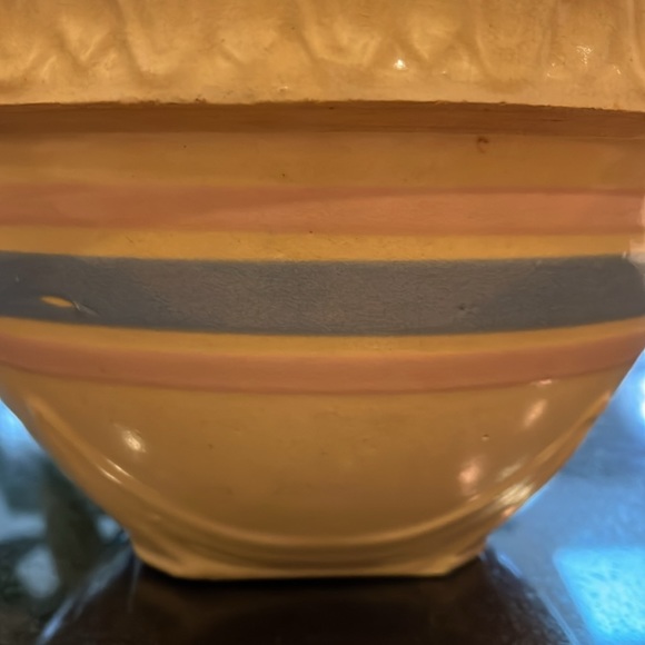 Antique (1930s) McCoy Yellow Ware Stoneware Bowl with Blue & Pink Stripes - Picture 2 of 14